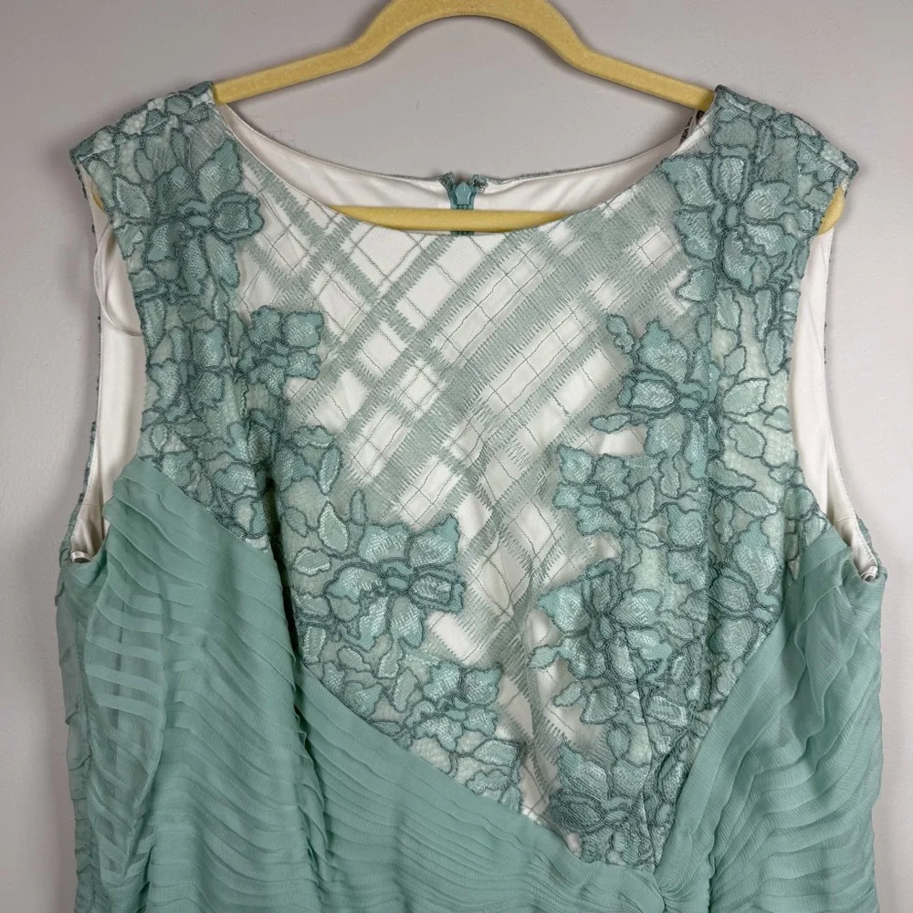 Tadashi Shoji EMBROIDERED TULLE PLEATED Lace Sheath Green Mint DRESS 18Q Easter